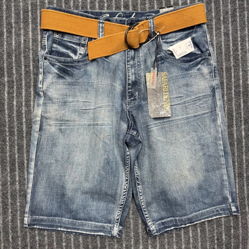 Safari Denim Mens Jean Shorts Size 32 Light Blue Stretch Belted Y2K Skater NWT